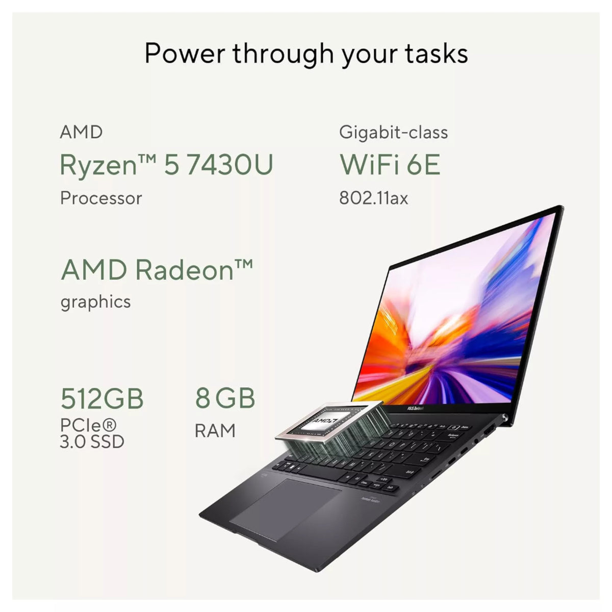 Asus ZenBook UM3402YA-KM766W AMD RYZEN R5 7430U 8GB 512GB SSD 14Inch WQ+ Display Windows 11 Home, Black Laptop