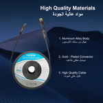 HDMI active optical cable with features listed on a blue background