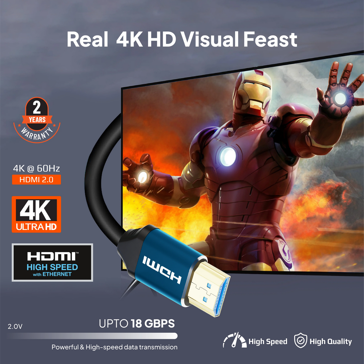 Mowsil HDMI 2.0 Cable | 4K@60Hz Ultra HD, 18Gbps High Speed, HDR, 3D, Gold-Plated | TV PC PS5 Monitor