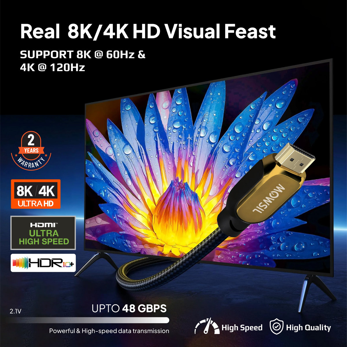 Mowsil 8K HDMI 2.1 Cable – 48Gbps Ultra High-Speed, 8K@60Hz, 4K@120Hz, Braided, Gold-Plated Connectors