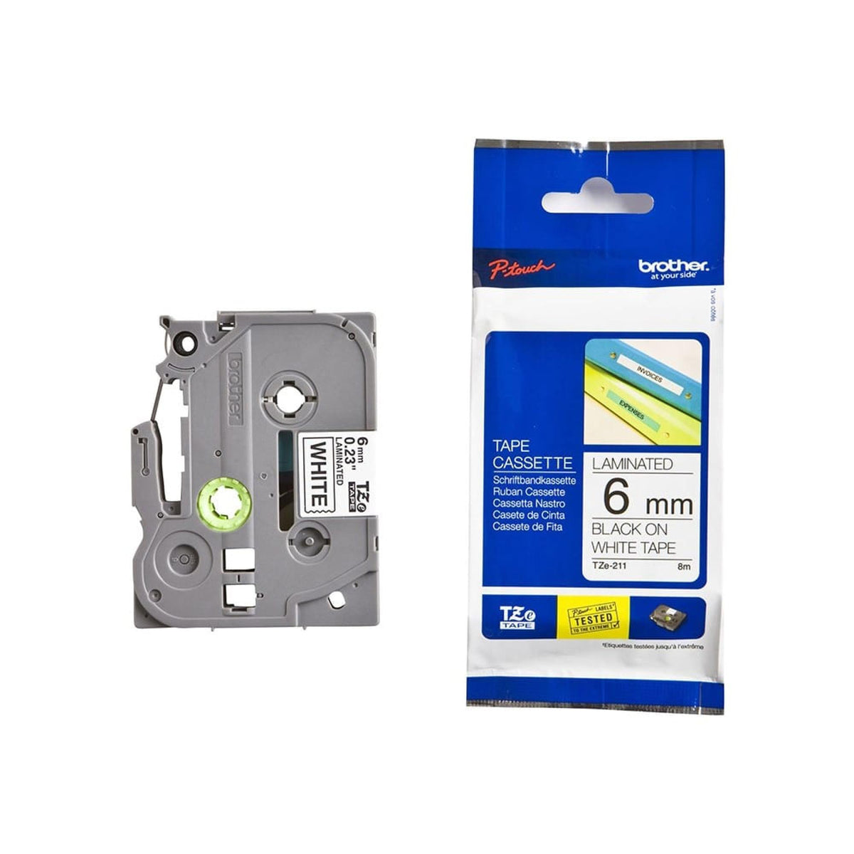 Brother TZe-211 Labelling Tape Cassette, Black on White, 6mm wide