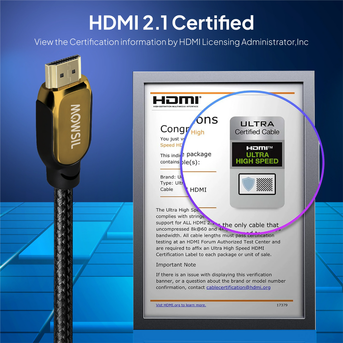 Mowsil 8K HDMI 2.1 Cable – 48Gbps Ultra High-Speed, 8K@60Hz, 4K@120Hz, Braided, Gold-Plated Connectors