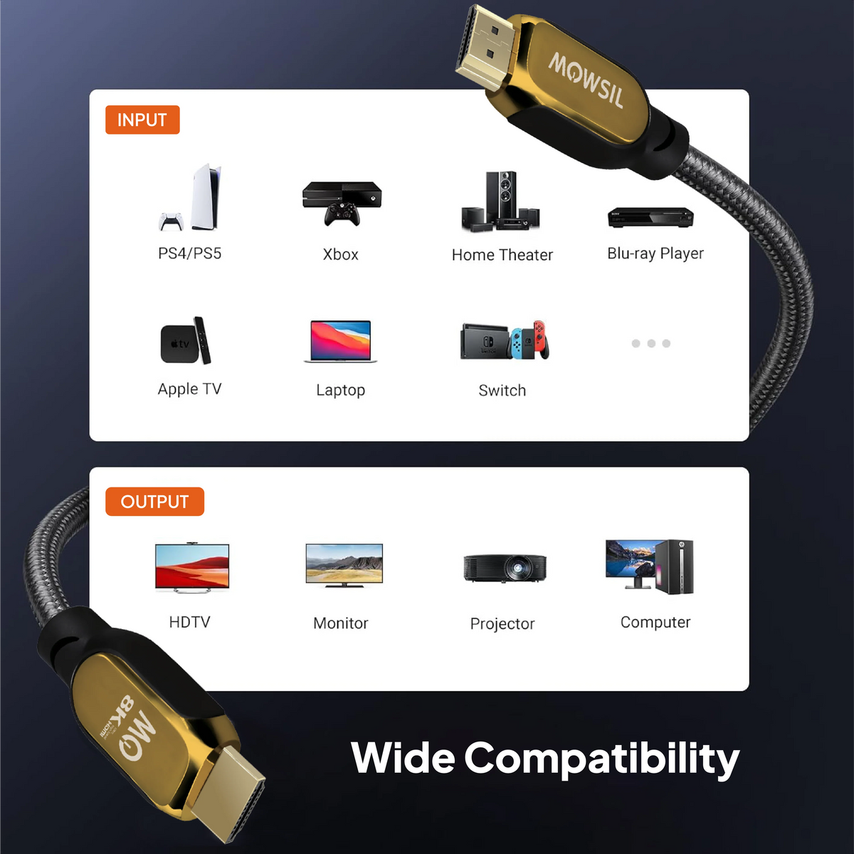 Mowsil 8K HDMI 2.1 Cable – 48Gbps Ultra High-Speed, 8K@60Hz, 4K@120Hz, Braided, Gold-Plated Connectors