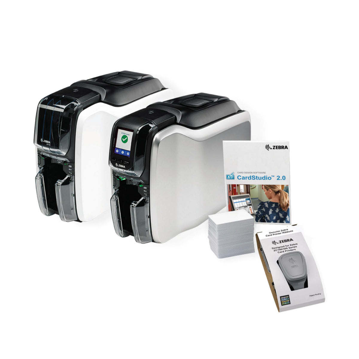 Zebra Card Printer ZC300 Bundle, Dual Side Printer, Ribbon, Software and 100 PVC Cards