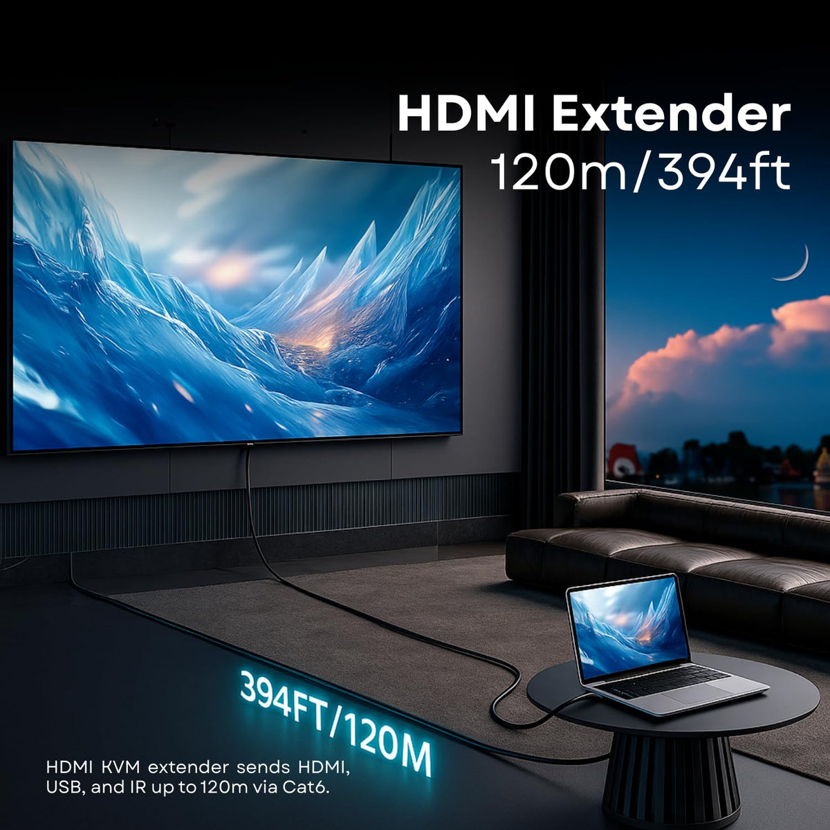 Mowsil HDMI KVM Extender over Cat6 Ethernet, 120M Long-Distance HDMI Transmission, USB-A & USB-C Keyboard & Mouse Sharing, IR Remote Control, One-to-Many Up to 253 Receivers