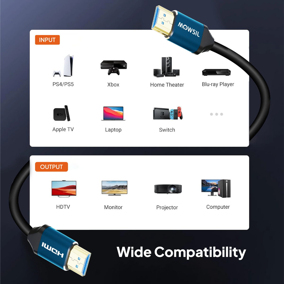 Mowsil HDMI 2.0 Cable | 4K@60Hz Ultra HD, 18Gbps High Speed, HDR, 3D, Gold-Plated | TV PC PS5 Monitor